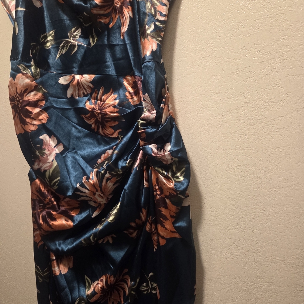 Elegant One Shoulder Floral Dress in Teal and Orange